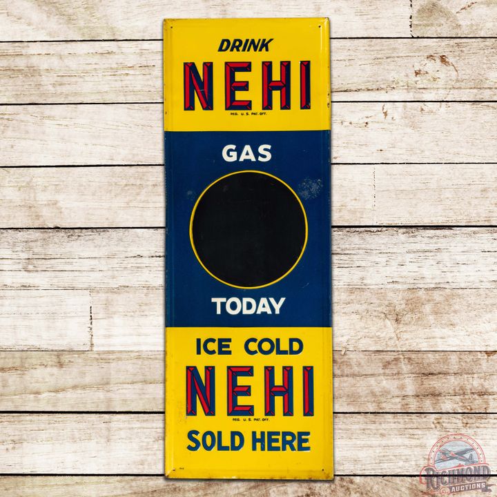 Drink Nehi Ice Cold Sold Here "Gas Today" Emb. Single Sided Tin Sign