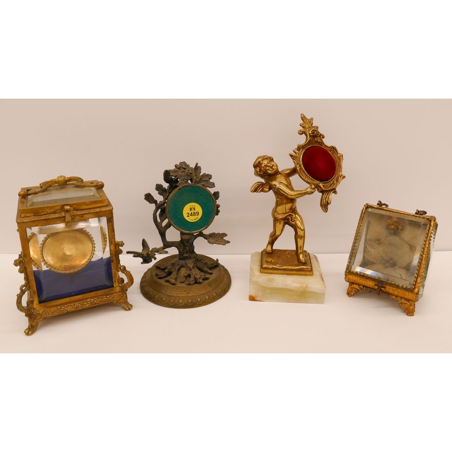4pc Antique and Vintage Pocket Watch Display Stands and Cases- largest 6.5''