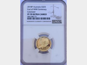 2018 AUSTRALIA END OF WWI CENTENARY COLORIZED PROOF 1/4oz GOLD 25 DOLLAR PF70 UCAM TOP POP!