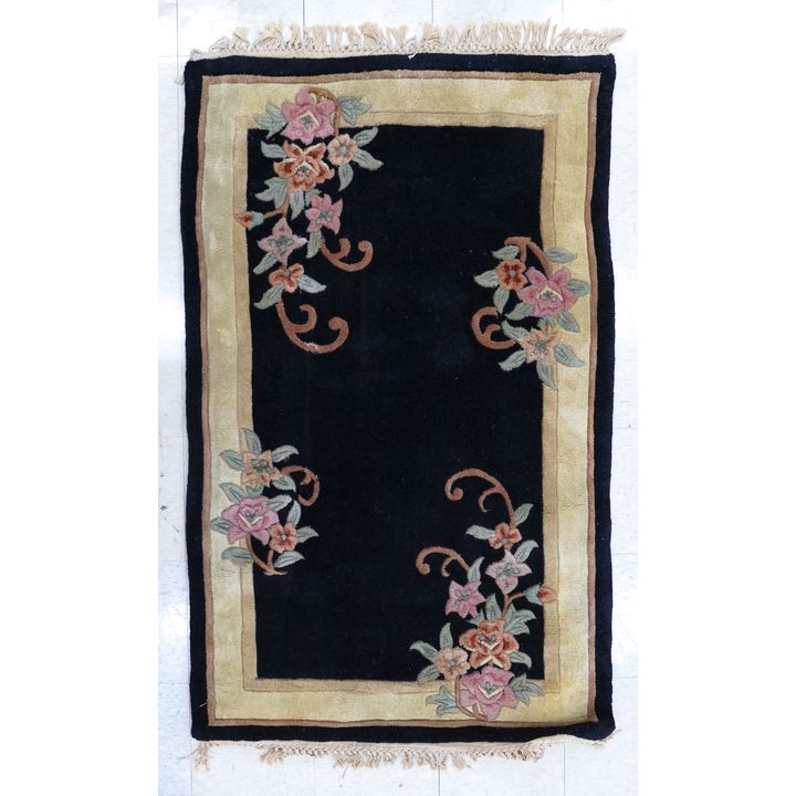 Chinese Black Floral Wool Sculpted Rug 5'6'' x 3' Approx.
