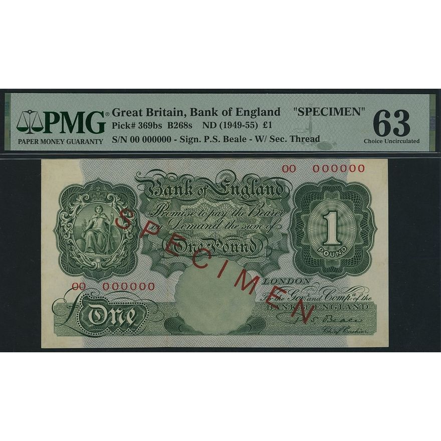 Bank of England, P. S. Beale, specimen £1, ND (1950), serial number 00 ...