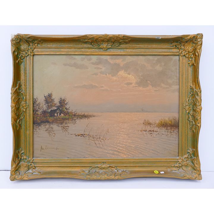 F. Lemming Dutch Coastal Scene Landscape Oil on Canvas in Ornate Frame- 26x34''- Frame has damage to top left corner