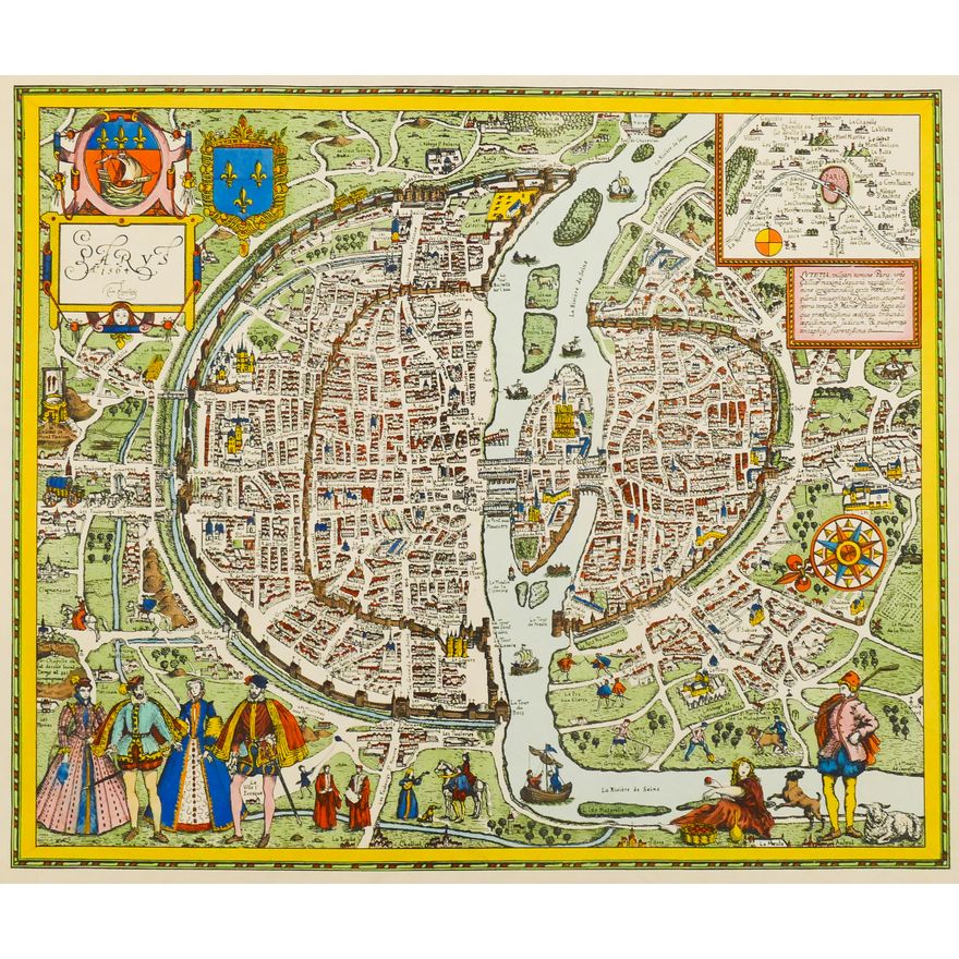 Antique Handcolored City Plan of Paris in 1564 by or after Georg Braun and Frans Hogenberg- on 21.5x26.5'' board