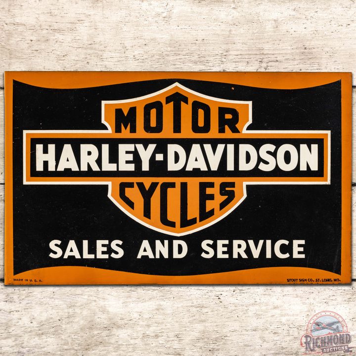Harley Davidson Motor Cycles Sales and Service DS Tin Flange Sign w/ Logo