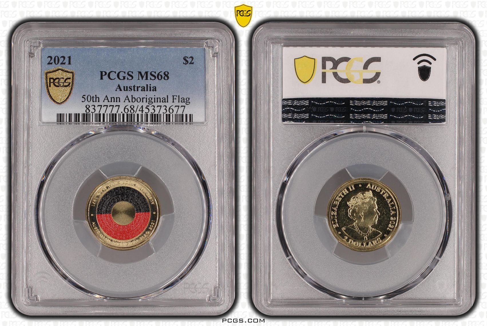 Elizabeth II, 50th Ann Aboriginal Flag Colorized, Two Dollar, 2021, PCGS MS68