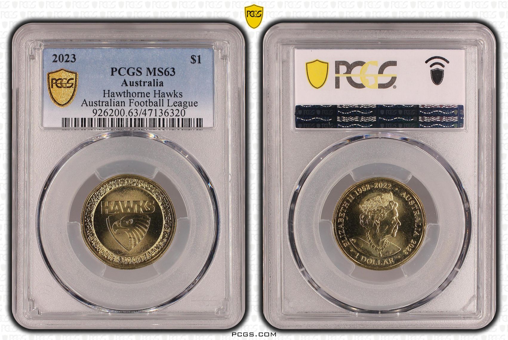 Elizabeth II, AFL- Hawthorne Hawks , One Dollar, 2023, PCGS MS63
