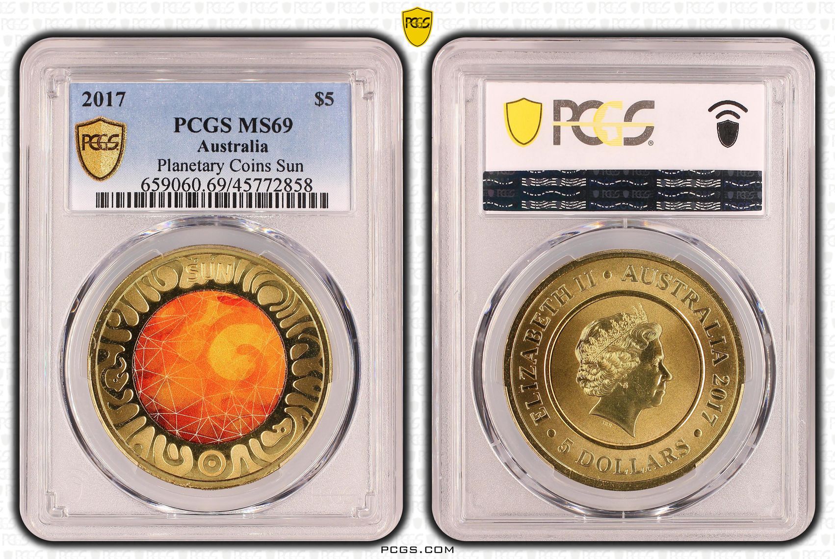 Elizabeth II, Planetary Coins Sun, Five Dollar, 2017, PCGS MS 69