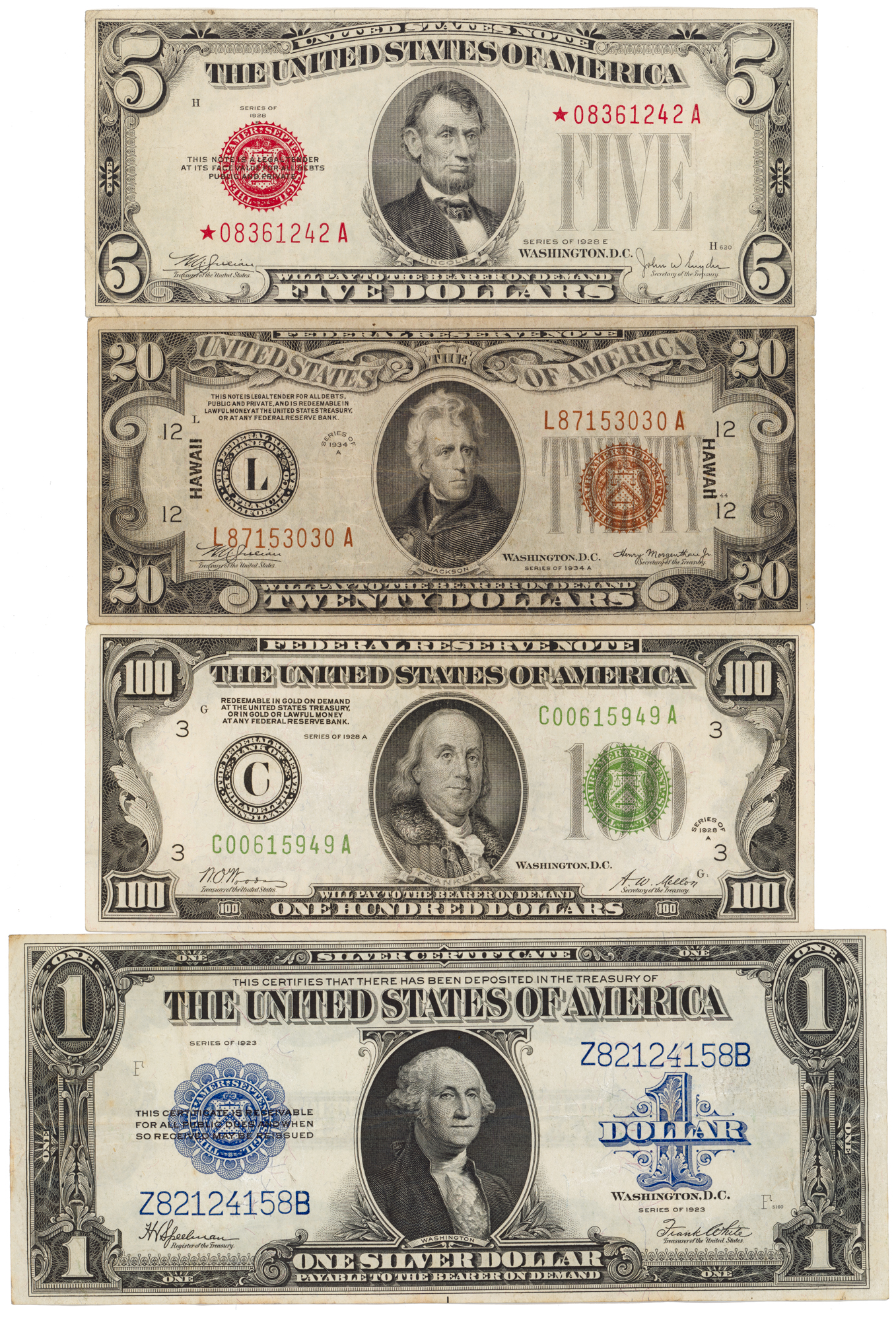 United States, One Dollar - One Hundred Dollars, 1923 - 1934, F - VF