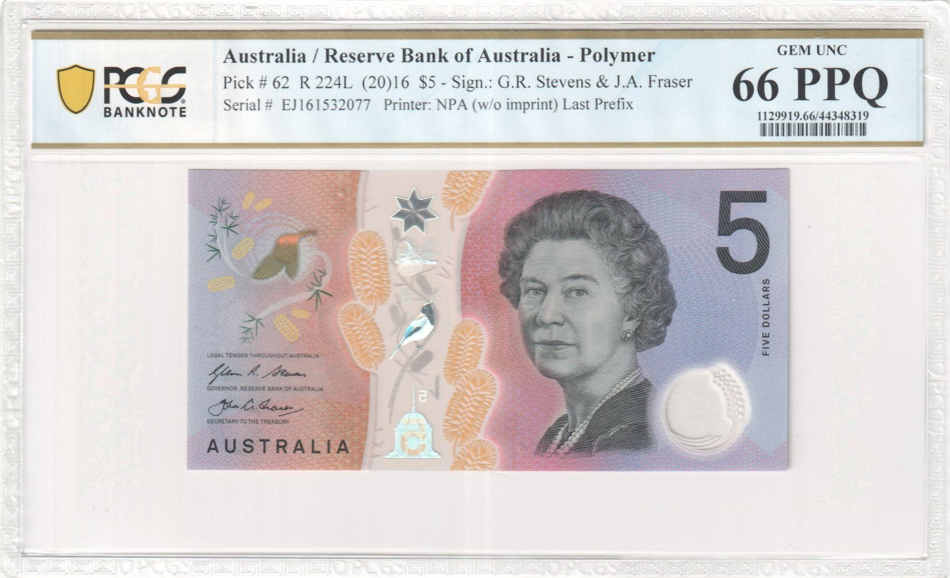 158 · RBA, Polymer, NPA (w/o imprint), Sign.: G.R. Stevens & J.A. Fraser, Last Prefix, Five Dollar, 2016, PCGS - Gem UNC 66 PPQ