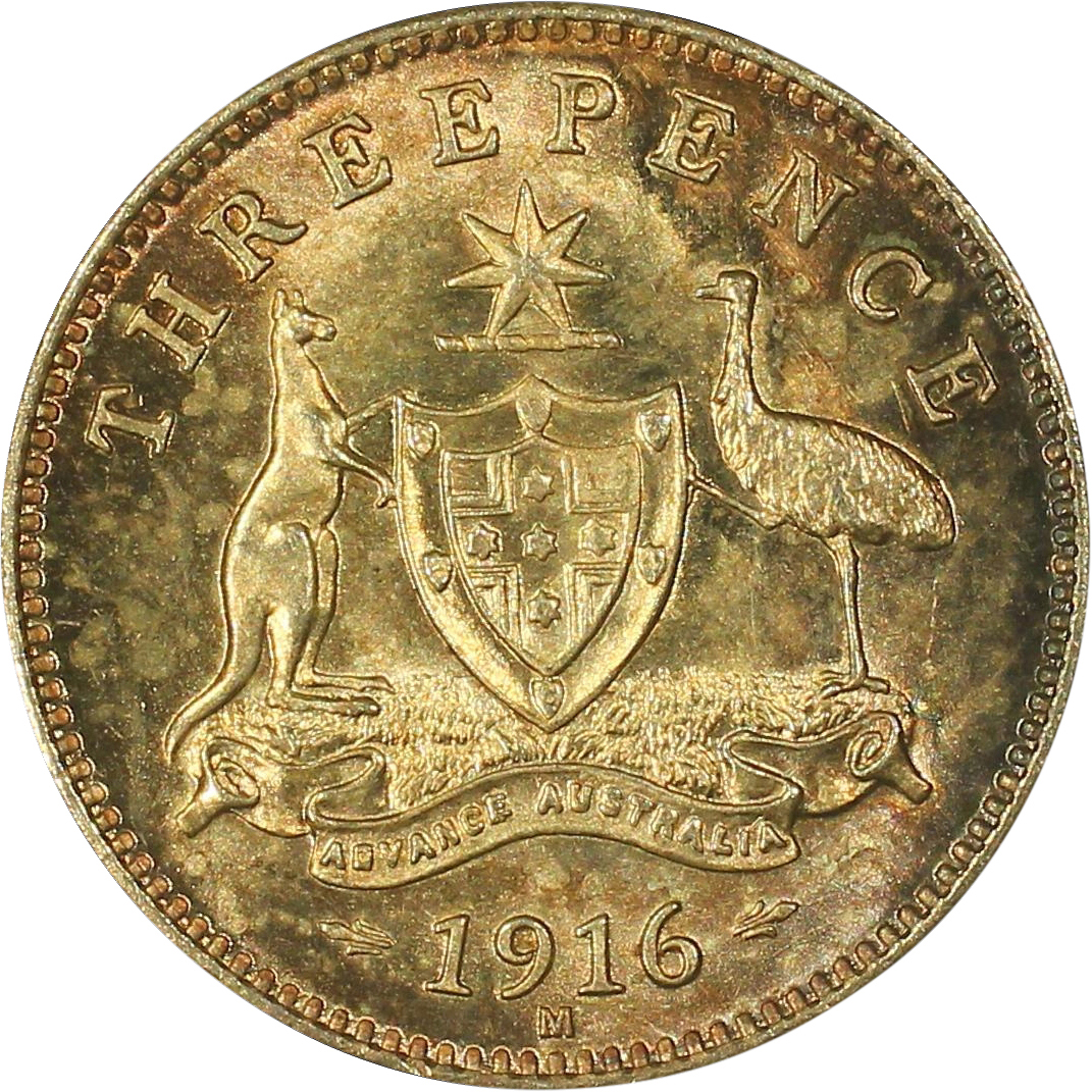 George V, Threepence, 1916-M, MS 66