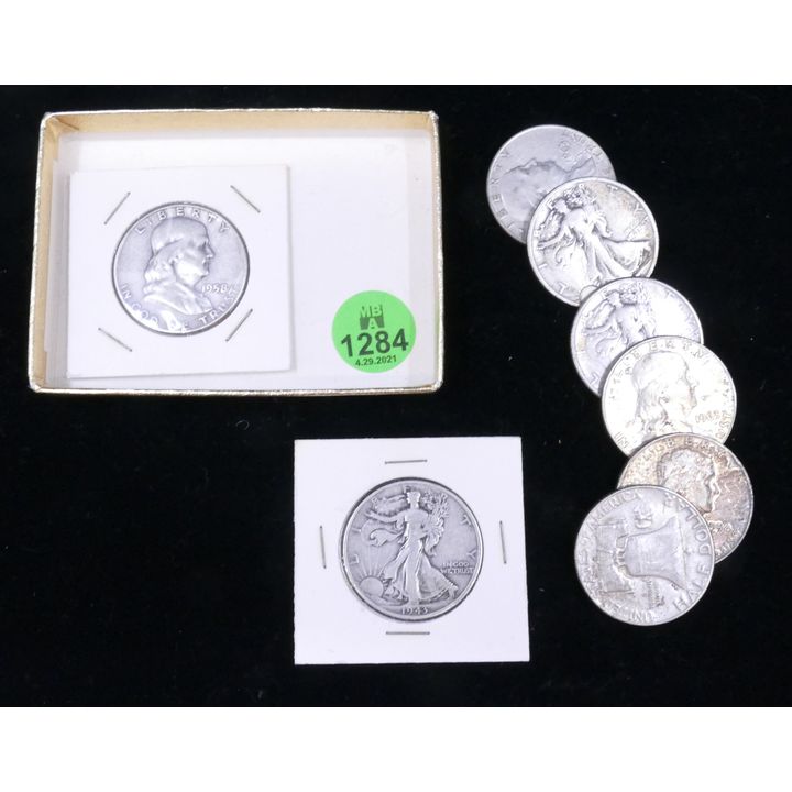 8pc US Silver Half Dollars- Walking Liberty & Franklins