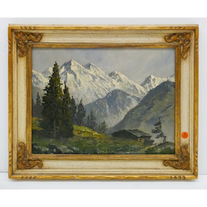 Adolf Wegener (1891-2001 Austria) 'Zillertal' Alpine Landscape Oil on Board. Framed- 17x21''