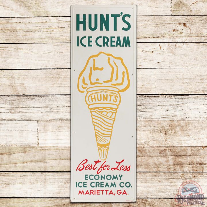 1957 Hunt's Ice Cream "Best for Less" Embossed SS Tin Sign w/ Cone Marietta GA