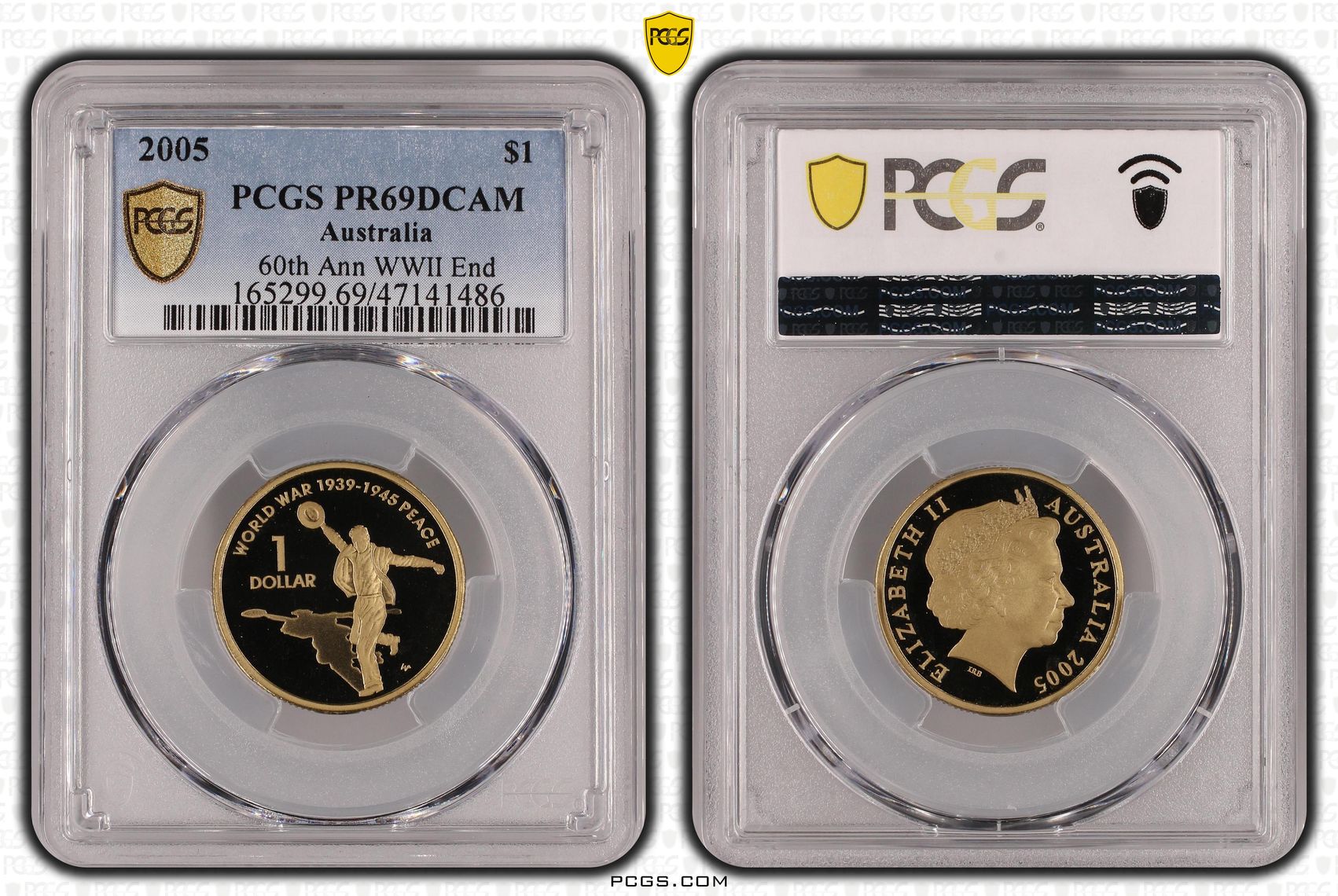 Elizabeth II, 60th Ann WWII End , One Dollar, 2005, PCGS PR69DCAM