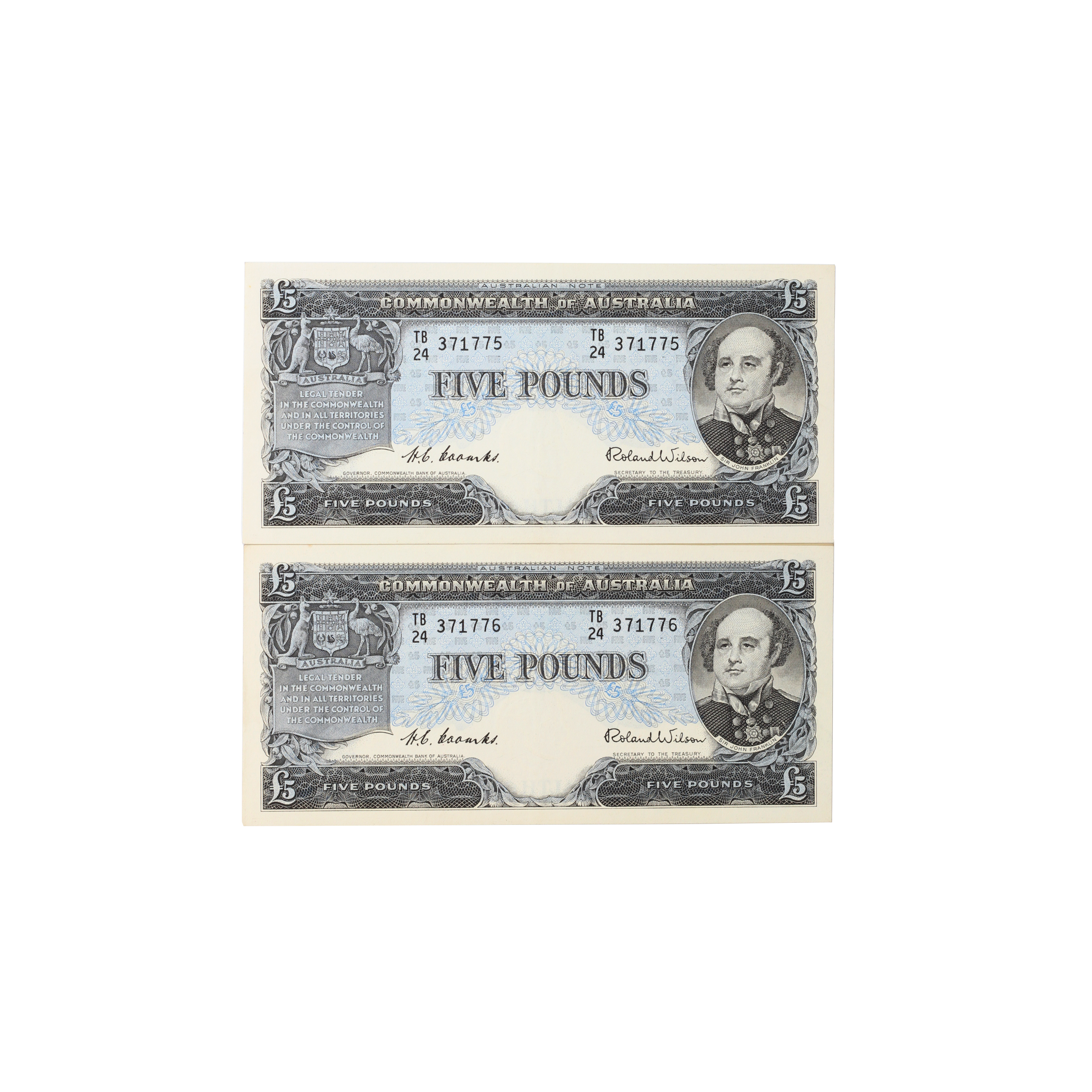 1918. · Consecutive Pair, Coombs/Wilson, Five Pounds, 1954, UNC