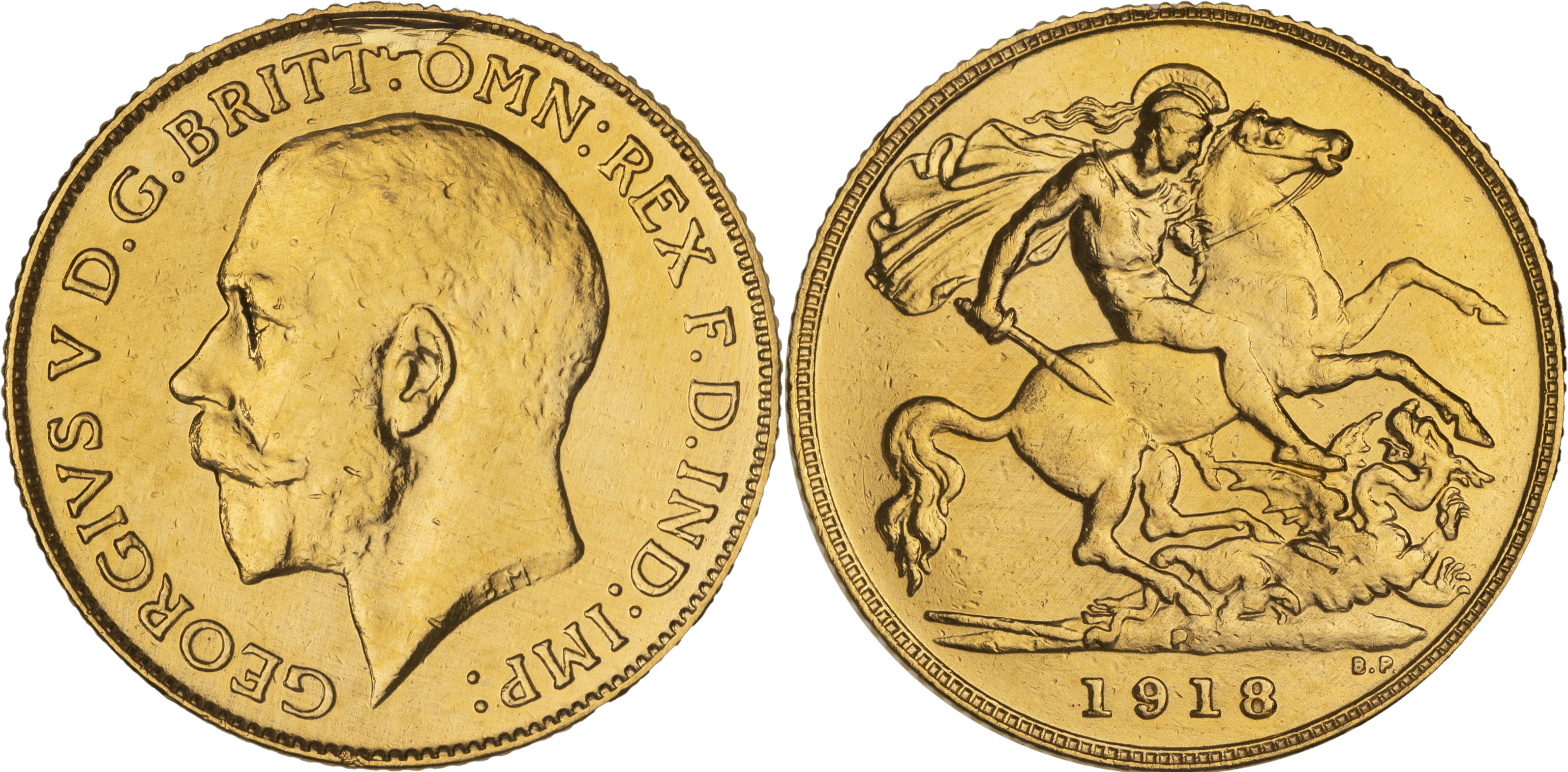 George V, St George Reverse, Half Sovereign, 1918-P, aEF