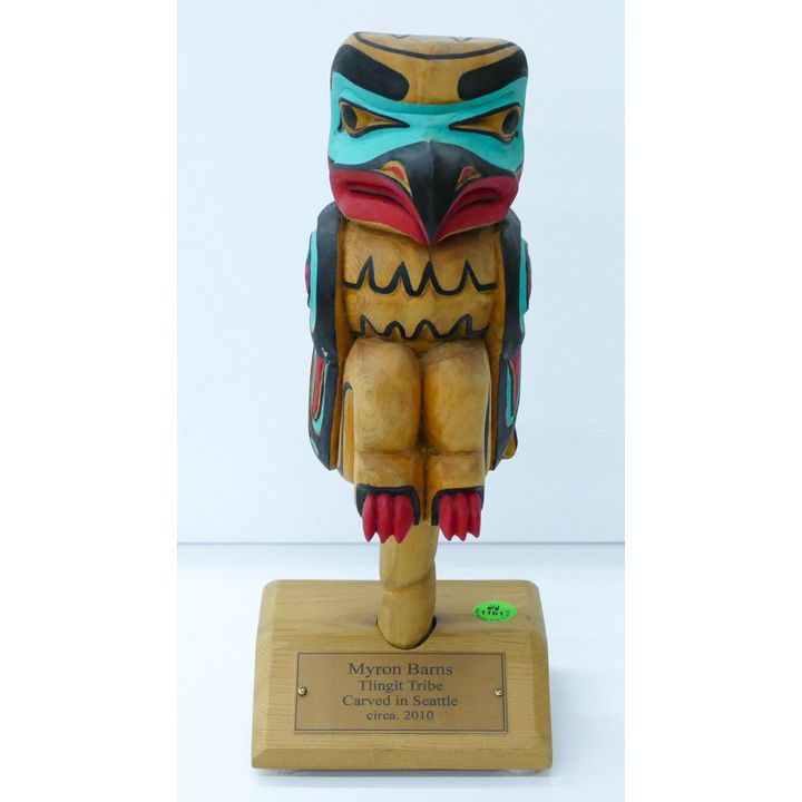 Myron Barns (Tlingit) Carved Cedar Eagle Rattle on Stand 12''