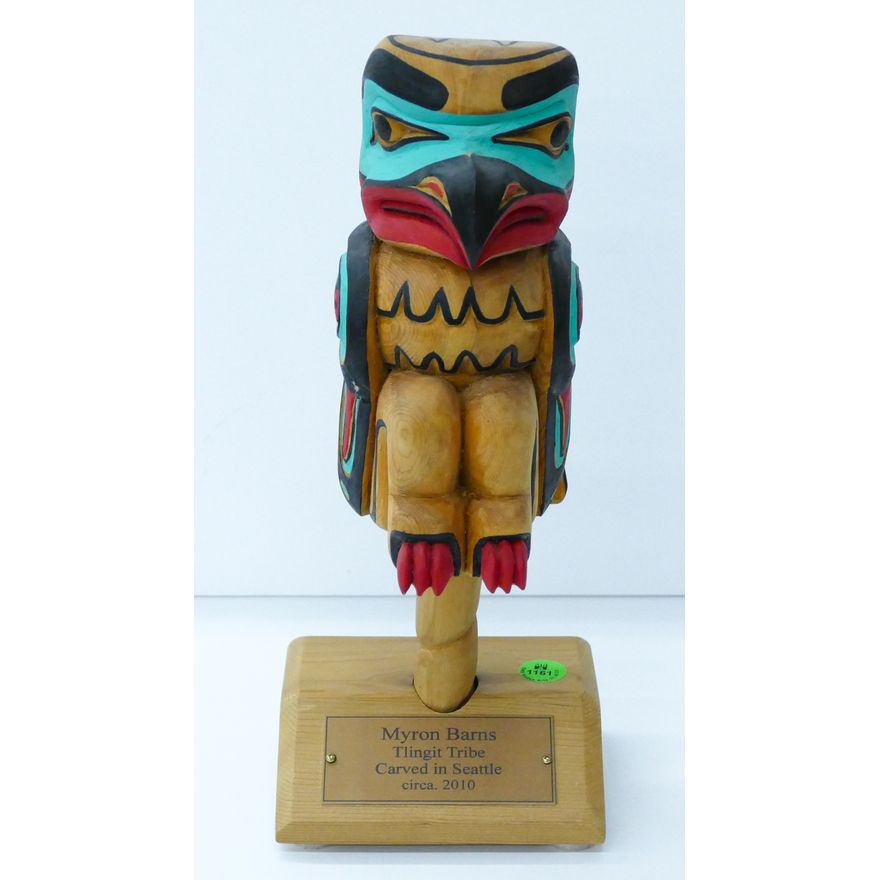 Myron Barns (Tlingit) Carved Cedar Eagle Rattle on Stand 12''