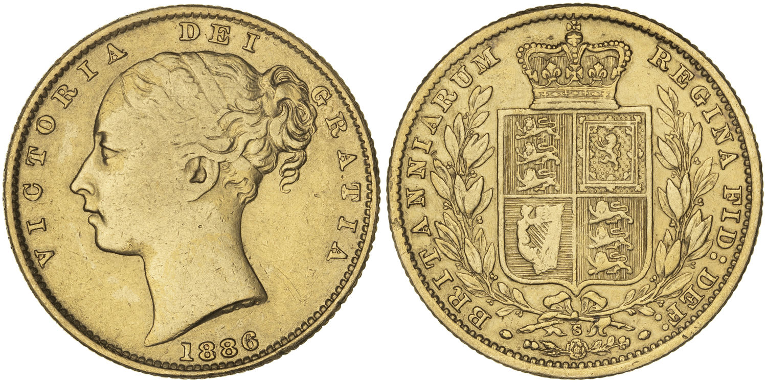 Victoria, Shield Reverse, Sovereign, 1886-S, aFine