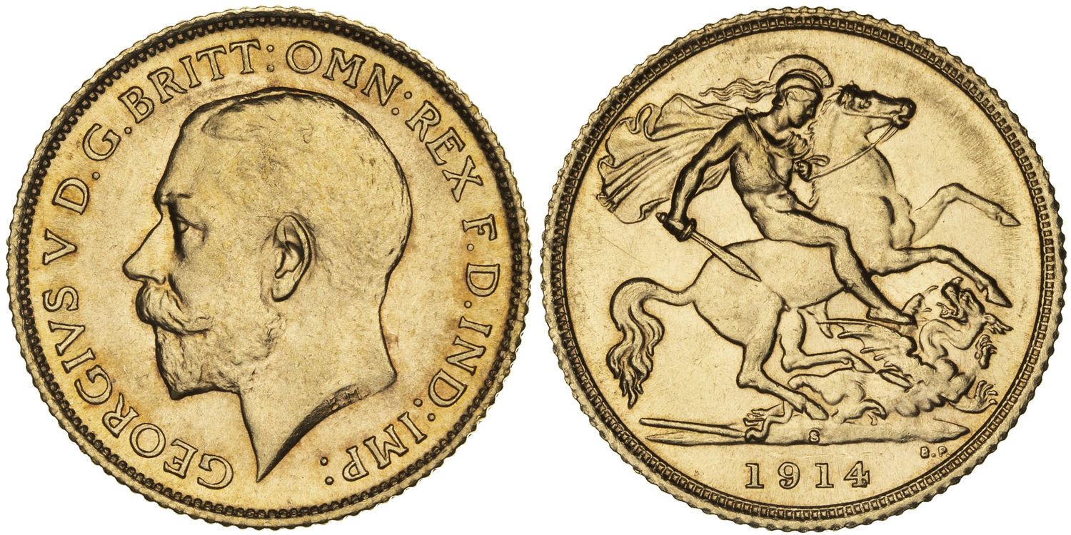 George V, St George Reverse , Half Sovereign, 1914-S, UNC