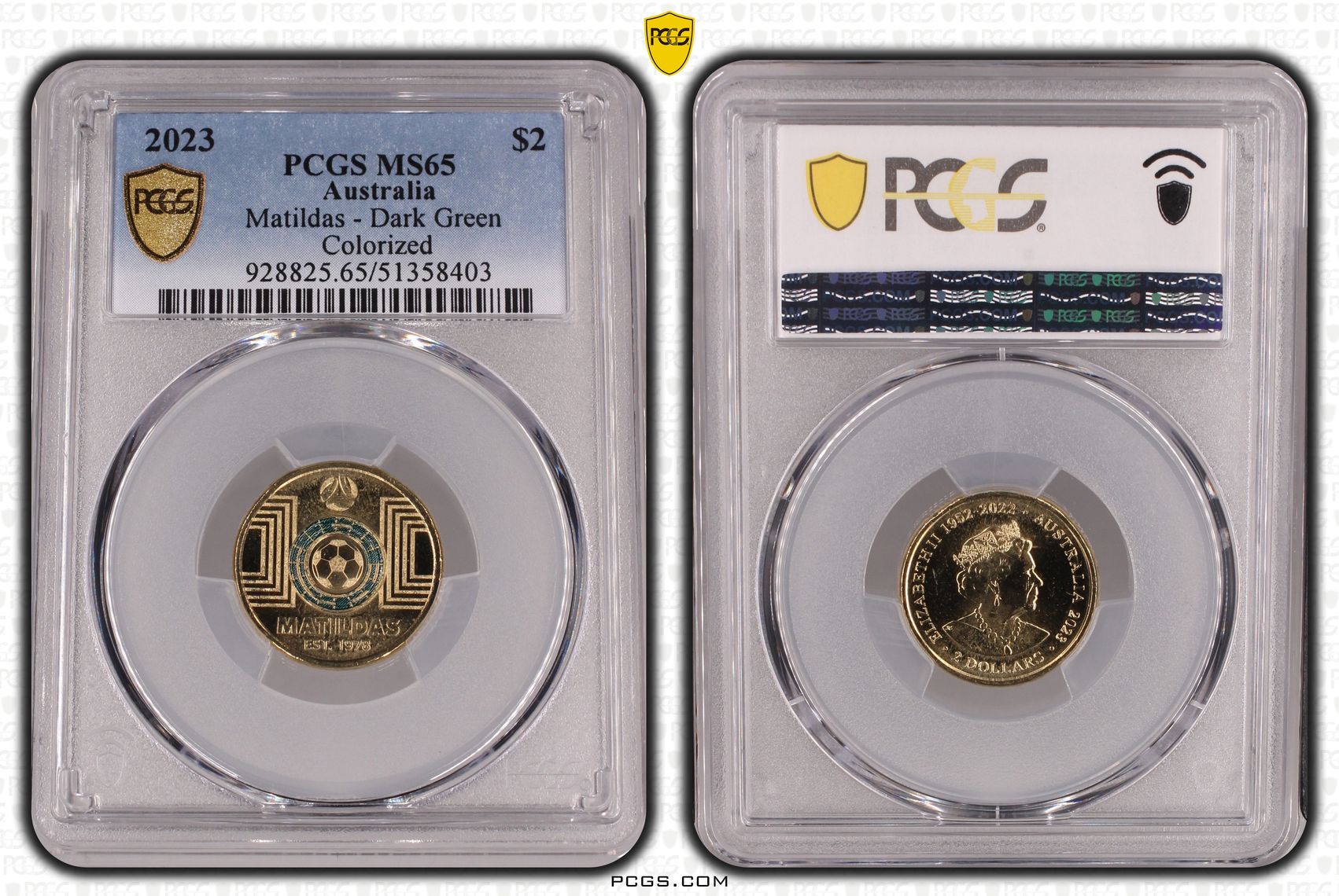 Matildas - Dark Green Colorized, Two Dollar, 2023, PCGS MS65