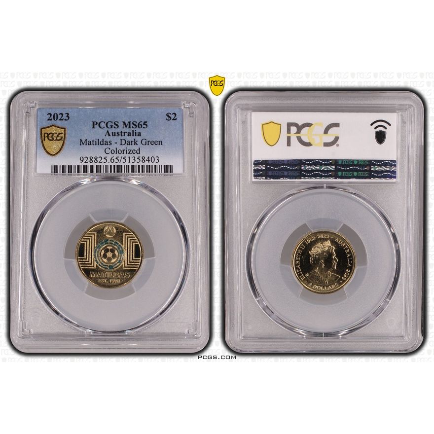 Matildas - Dark Green Colorized, Two Dollar, 2023, PCGS MS65