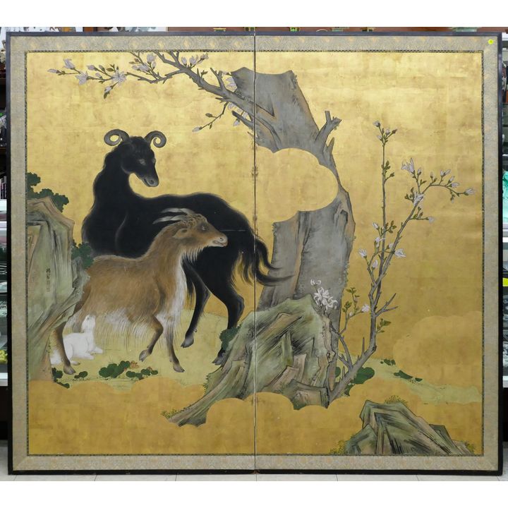 Japanese Meiji Gilt Painted Ram Two Panel Screen