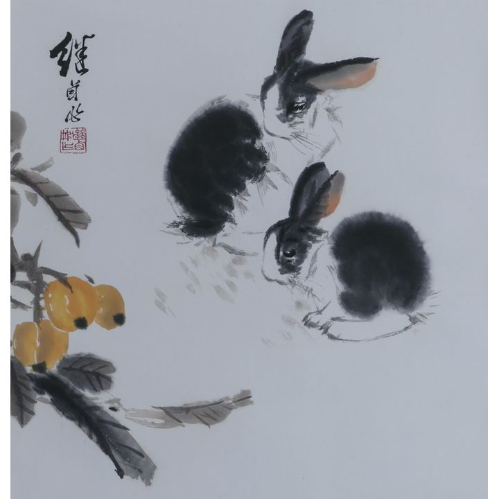 Attributed to Jiyou Liu (Chinese) Rabbits with Loquats Scroll Painting