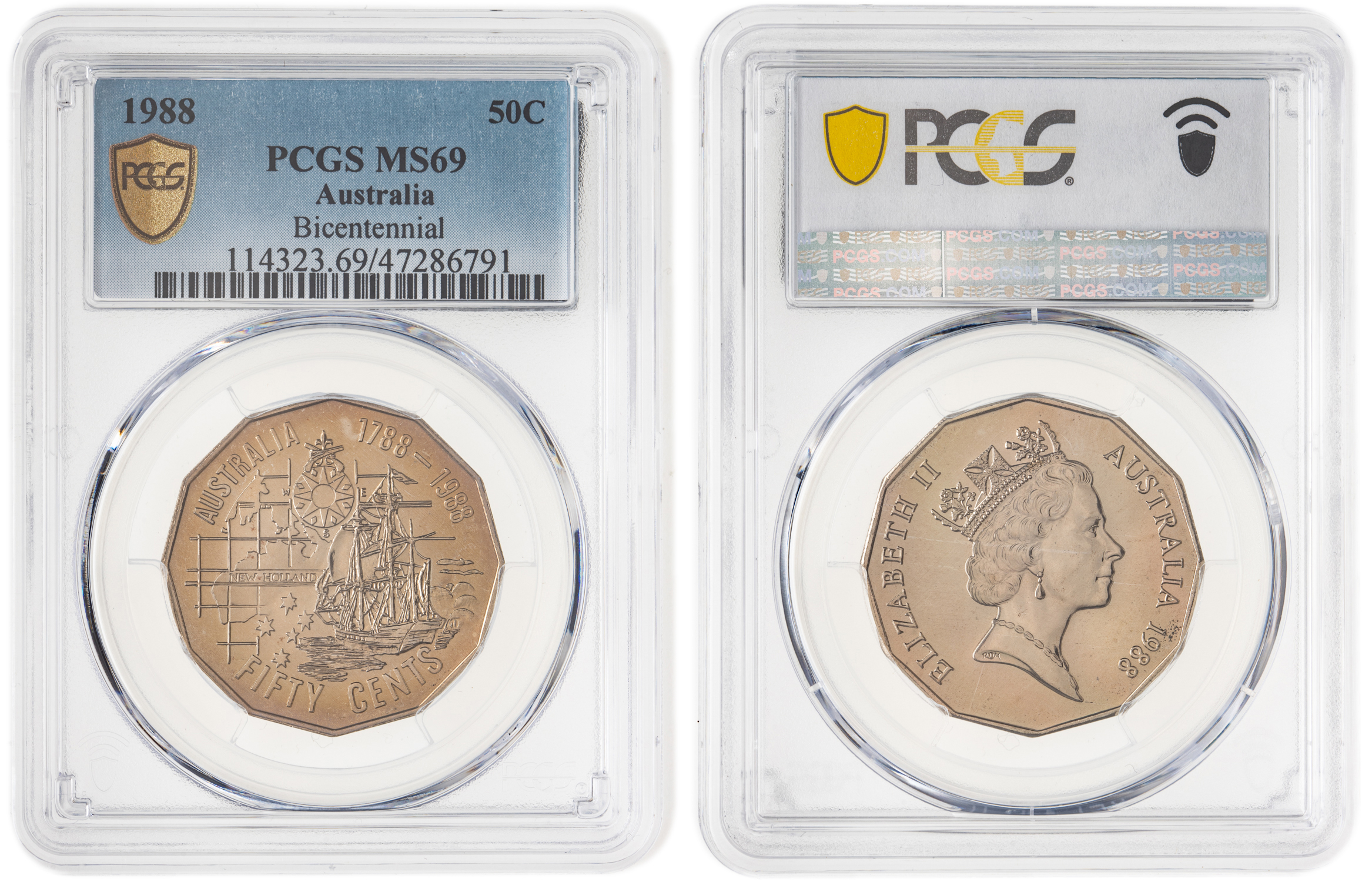 Elizabeth II, Bicentennial, Pop 17/0, Fifty Cent, 1988, PCGS MS69