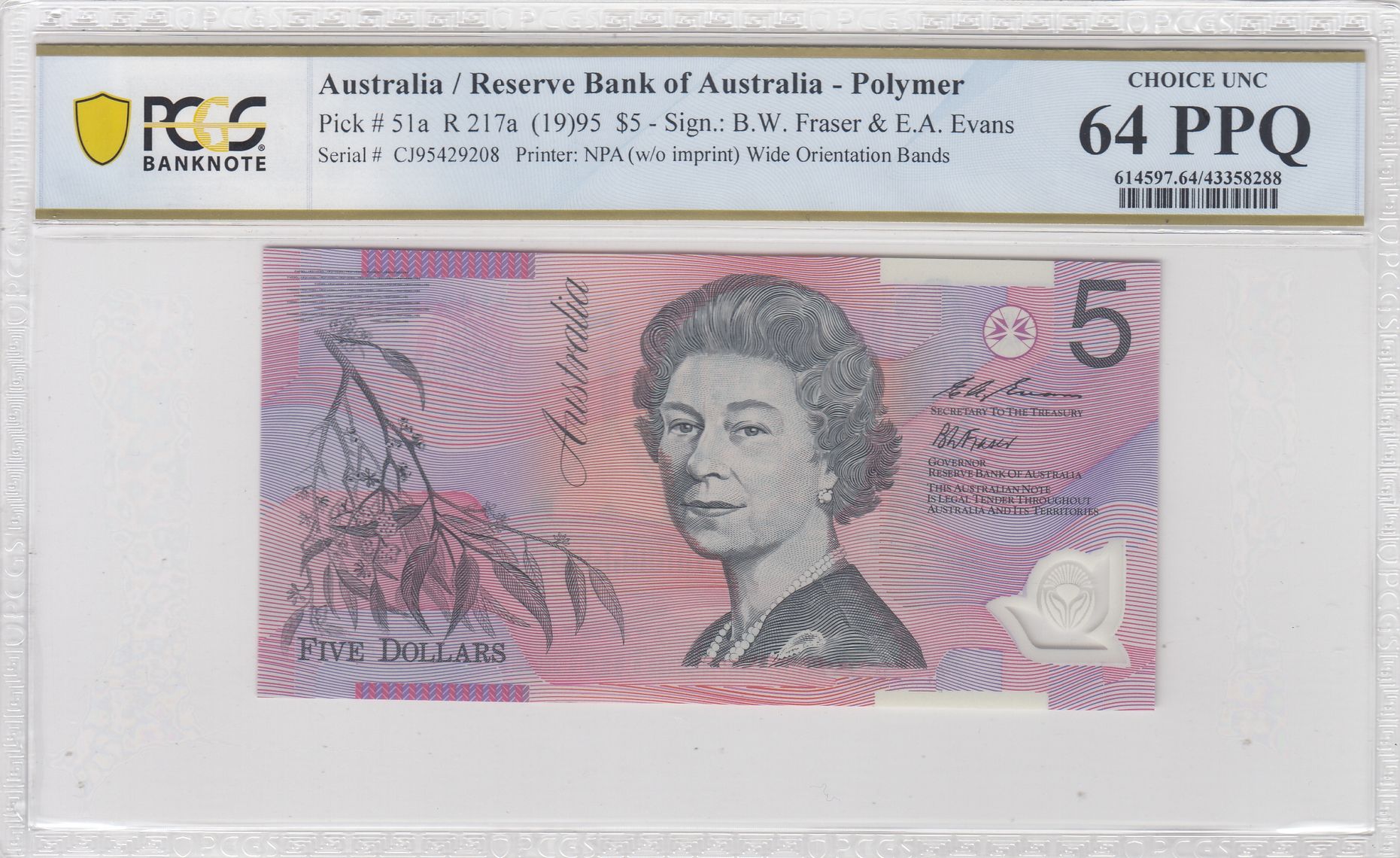 1995 $5 Fraser/Evans Choice Unc 64 PPQ