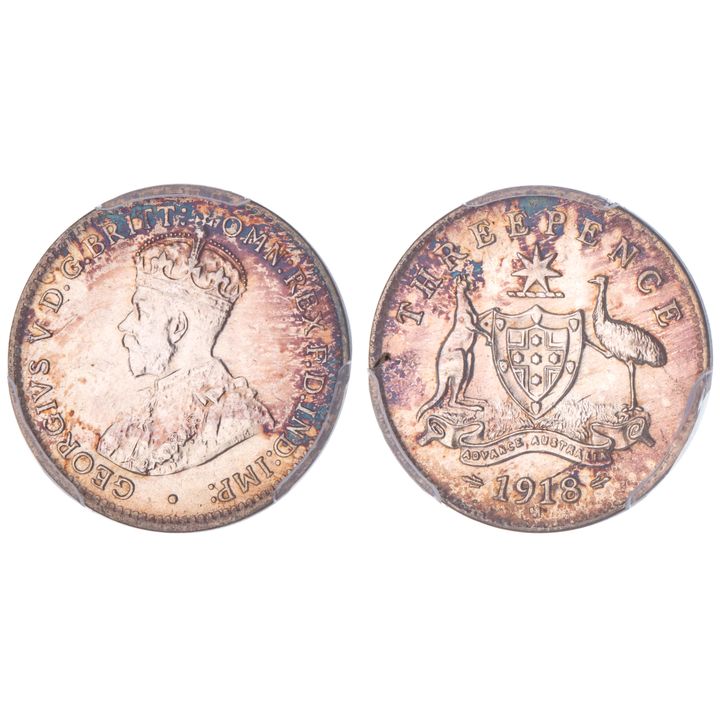 George V, Threepence, 1918-M, PCGS MS 64