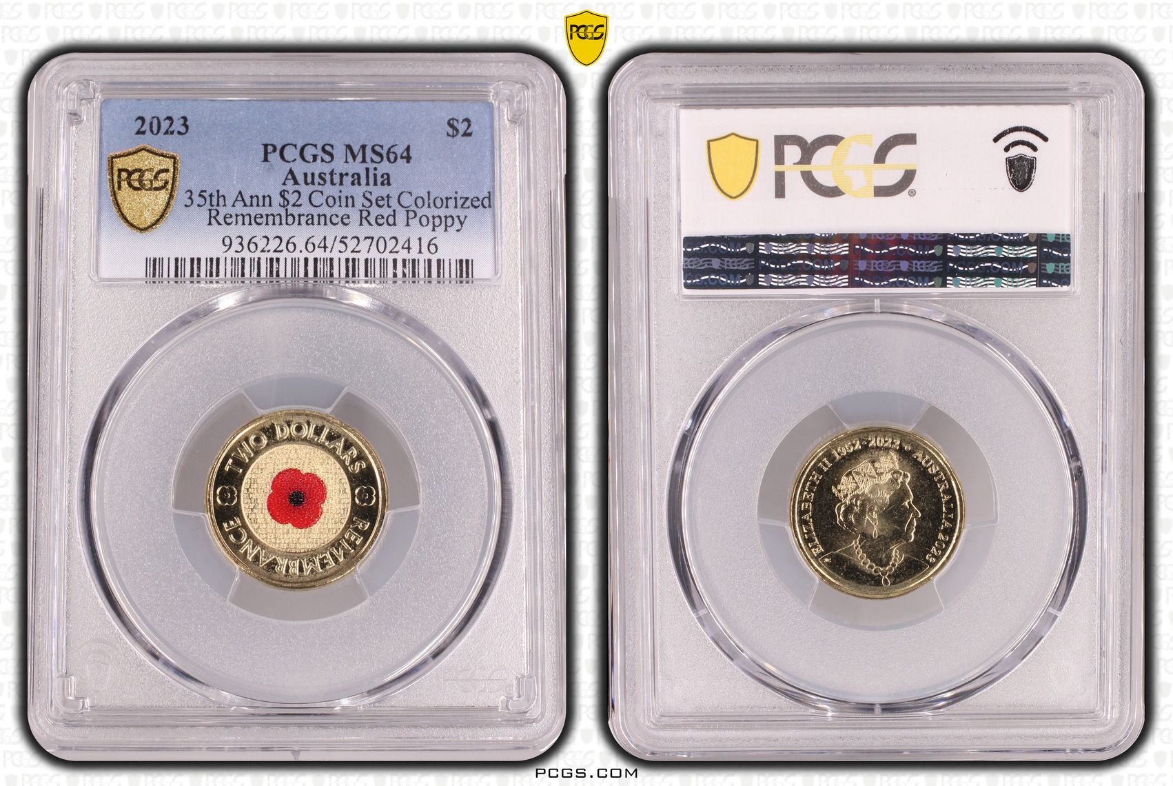 35th Ann $2 Coin Set Colorized Remembrance Red Poppy, Two Dollar, 2023, PCGS MS64