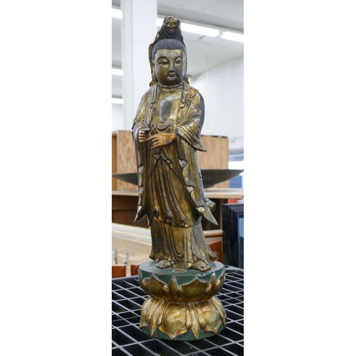 Old Chinese Gilt Carved Wood Standing Quanyin- 16.5''