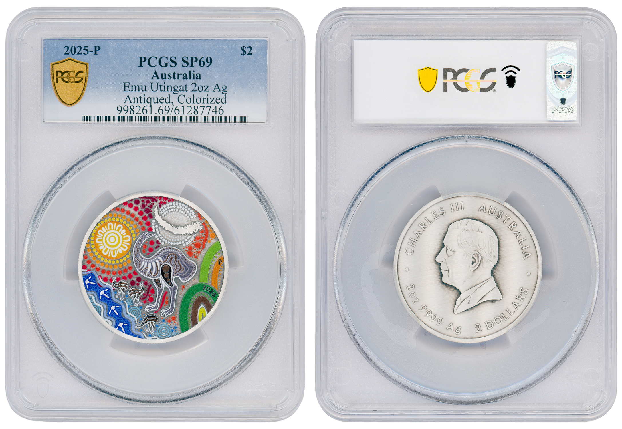 Emu Utingat 2oz Silver Antiqued, Colourised, Two Dollar, 2025-P, PCGS SP69