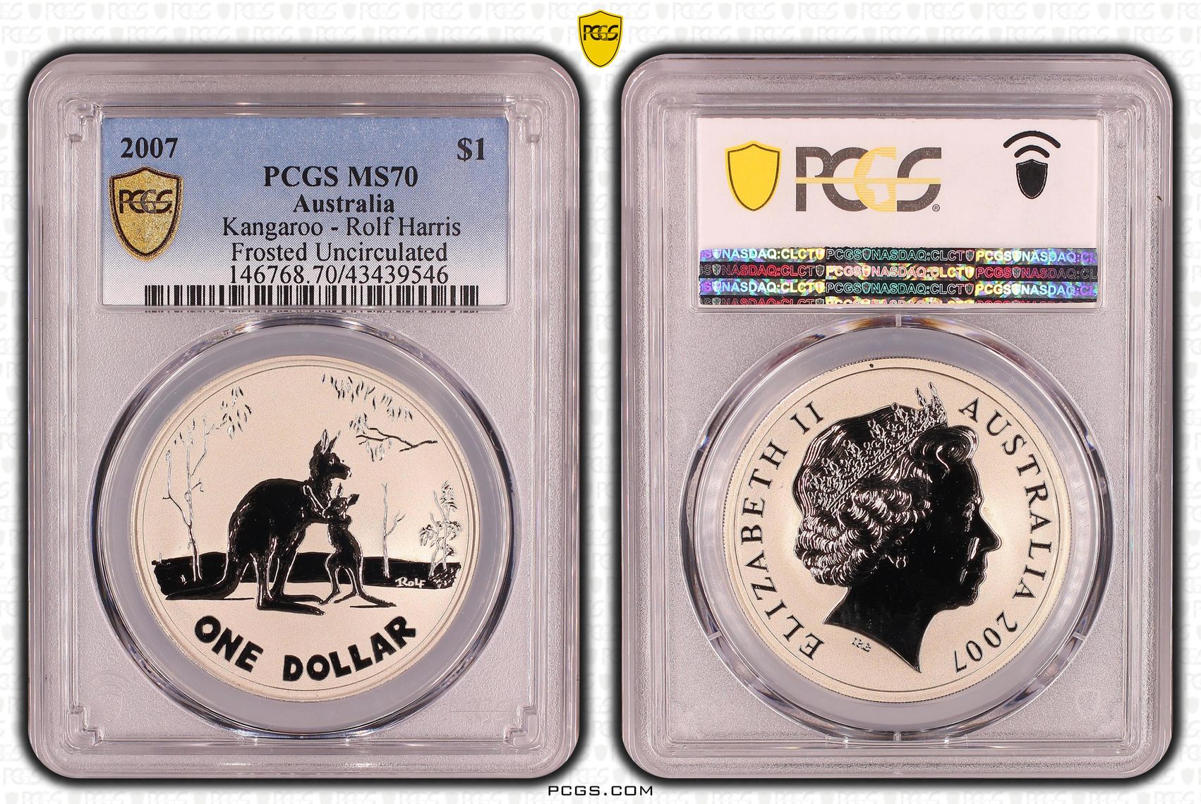 Elizabeth II, Kangaroo - Rolf Harris, Frosted Uncirculated, One Dollar, MS70 , 2007 PCGS POP - 1/0