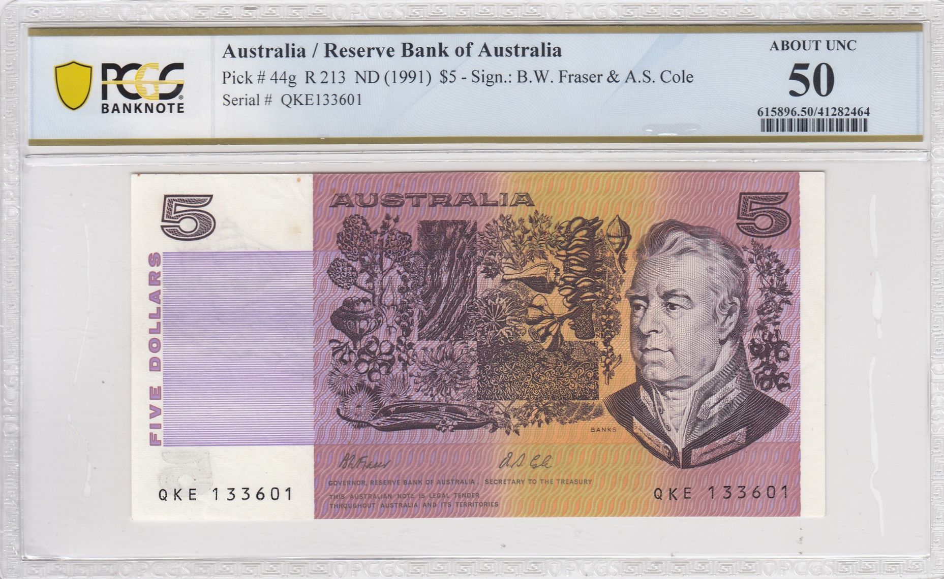 1991 Australia $5 Banknote Fraser/Cole About UNC 50 PCGS