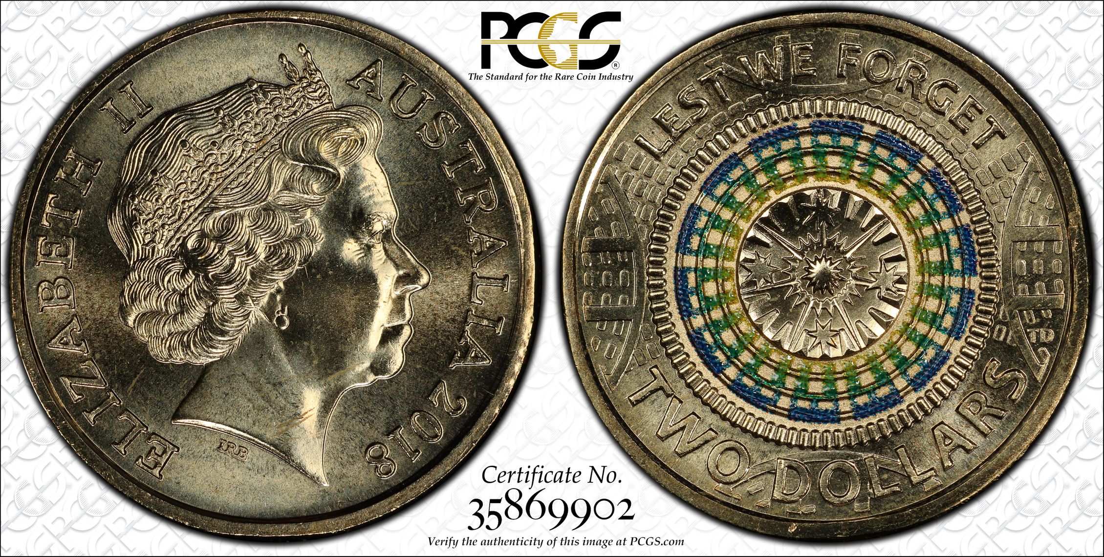 Dome of Australian War 30th Ann. $2 Coin Colourised, Two Dollar, 2018, PCGS MS66