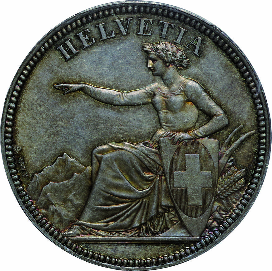 スイス(Switzerland), 1855, 銀(Ag), 5ﾌﾗﾝ Francs, PCGS MS63, 極美/未