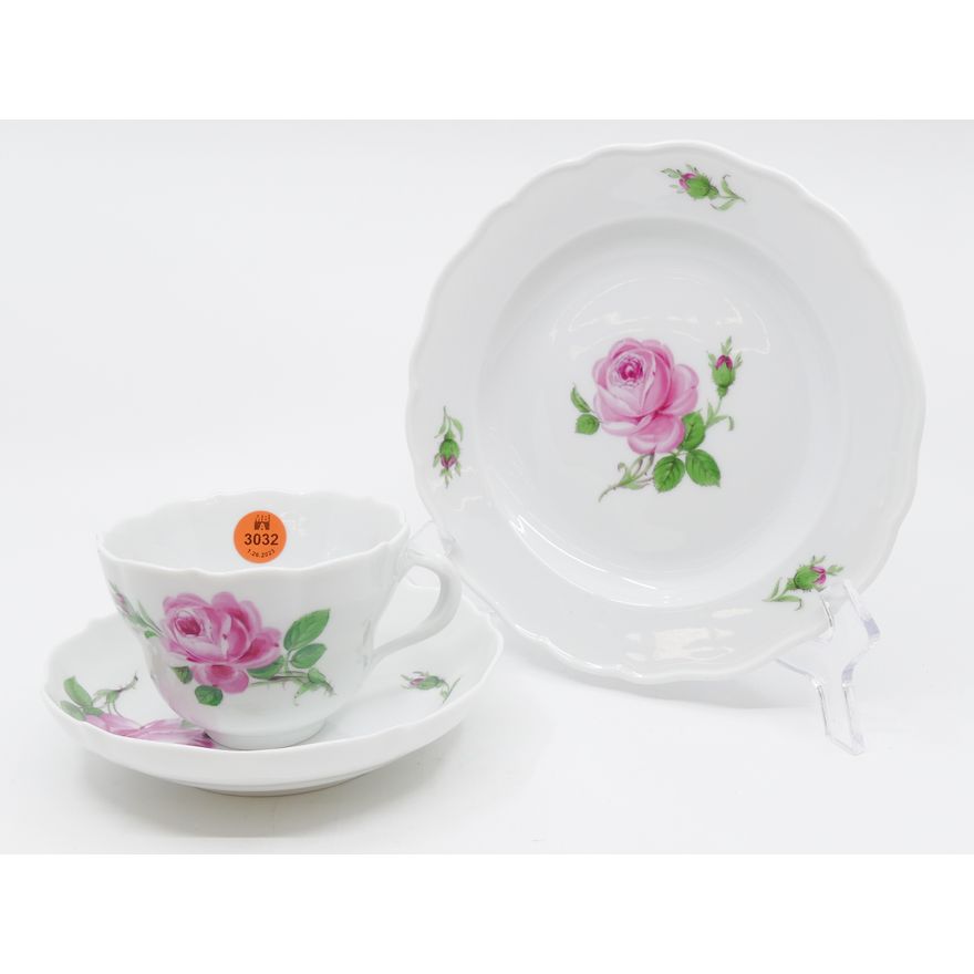 3pc Meissen Pink Rose Porcelain Cup, Saucer, and Plate