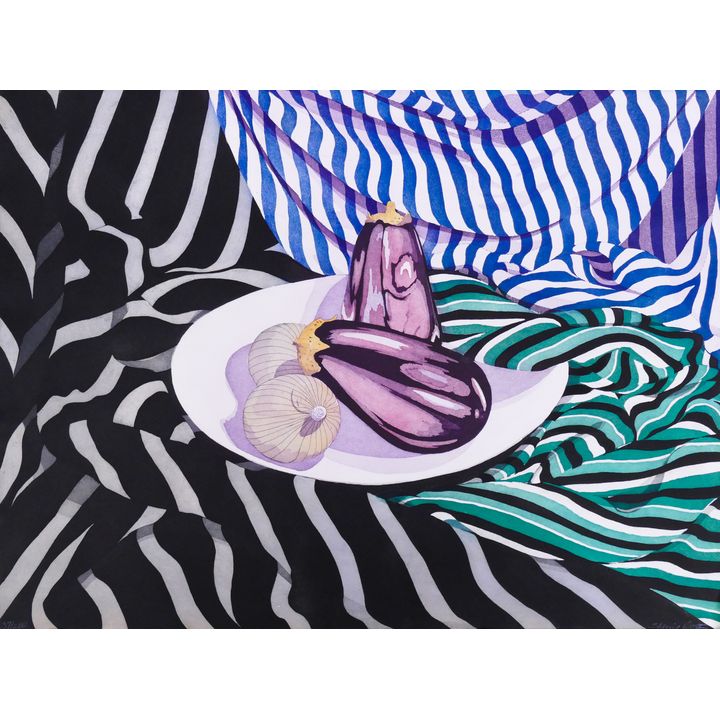 Sherrie Wolf (b. 1952, Oregon) 'Eggplant, Onions & Stripes' Hand Colored Etching. Dated 1985, Edition 37/200.