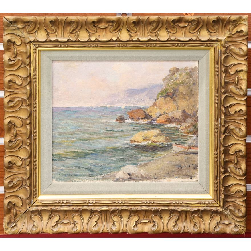 Antique Italian Seascape Oil Painting Framed 13.5''x15''