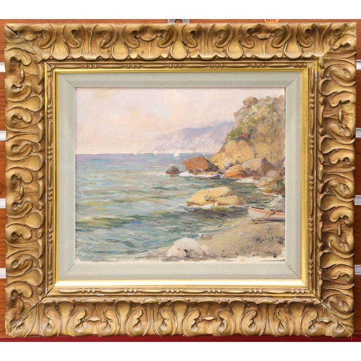 Antique Italian Seascape Oil Painting Framed 13.5''x15''