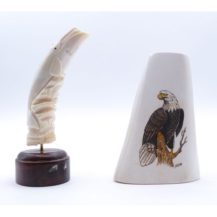 2pc Alaskan Scrimshawed Small Sculptures 4'' to 5''