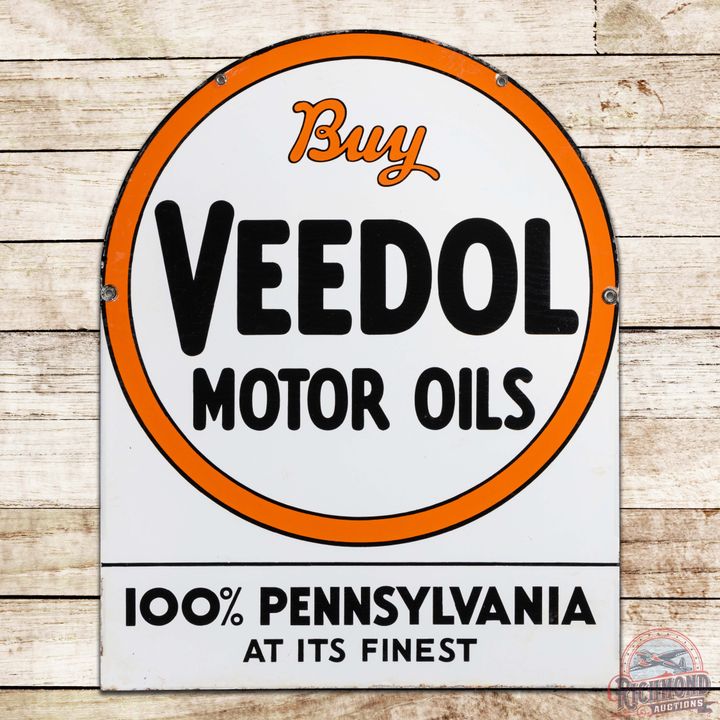 1937 Buy Veedol Motor Oils 100% Pennsylvania at its Finest Double Sided Porcelain Tombstone Sign