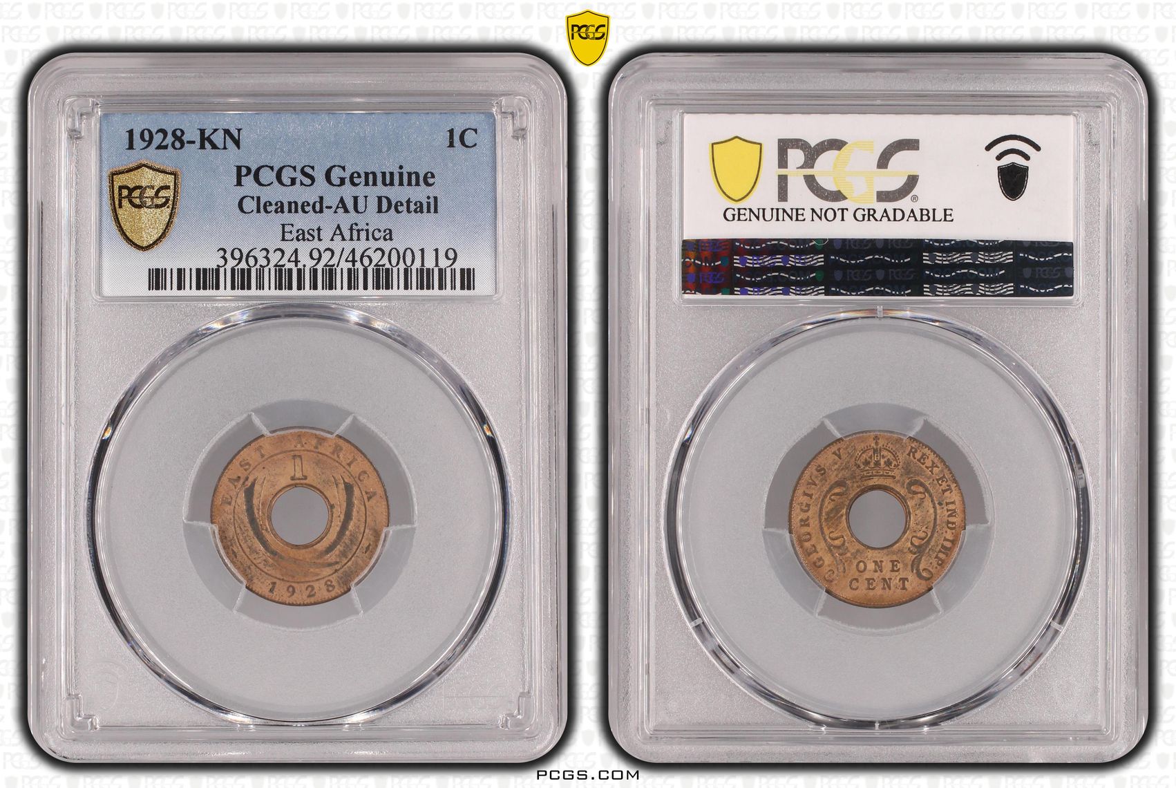 East Africa, One Cent, 1928-KN, PCGS Genuine - AU Details (92 - Cleaned)