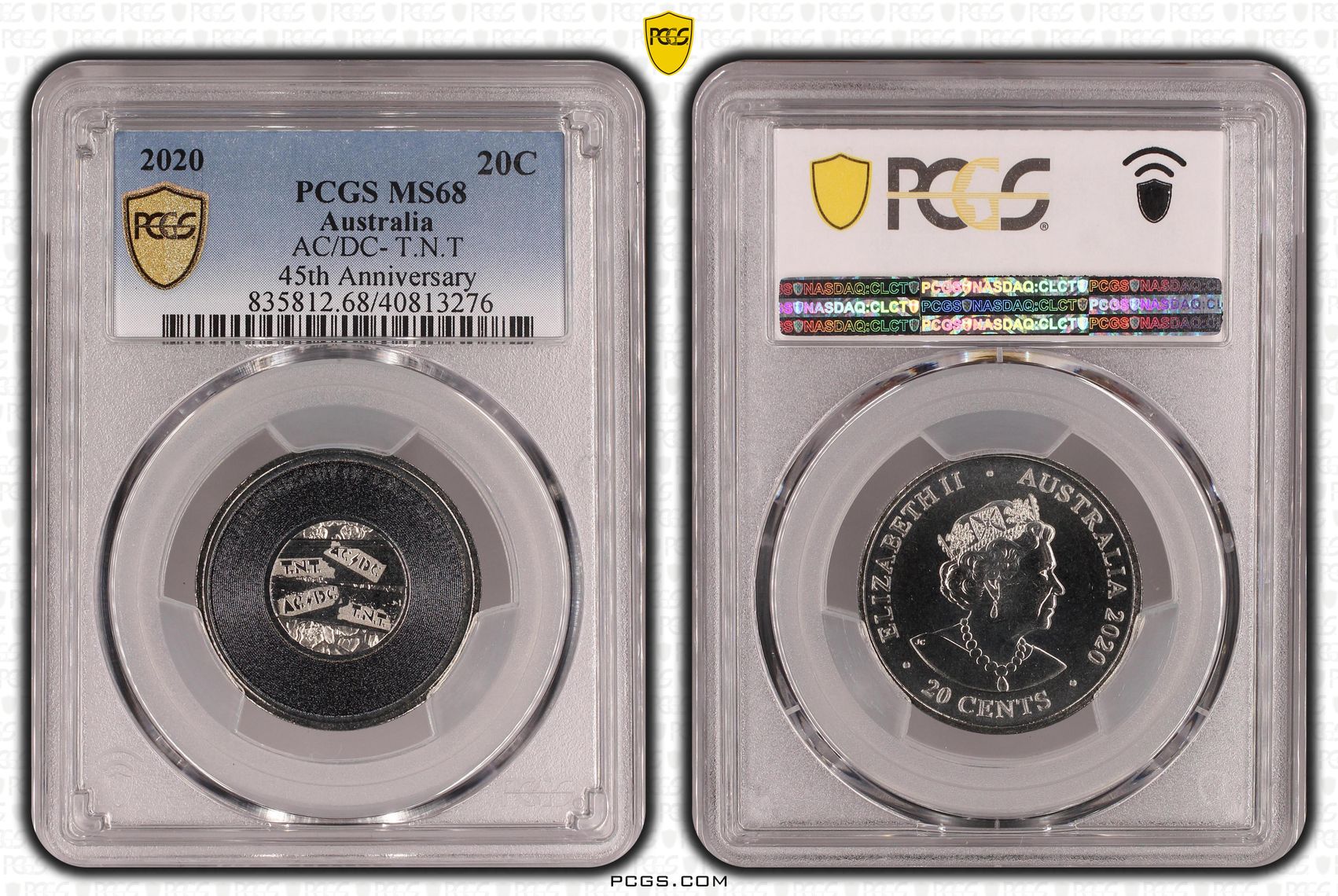 155 · Elizabeth II, AC/DC- T.N.T 45th Anniversary , Twenty Cent, 2020, PCGS MS68