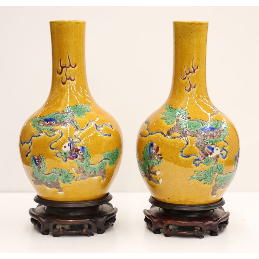 Pair Chinese Porcelain Foo Lion Bottle Vases