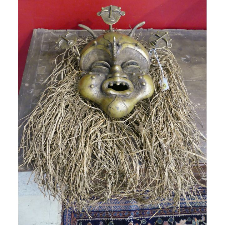 Old African Benin Bronze Mask- 14'', 24'' overall with hair
