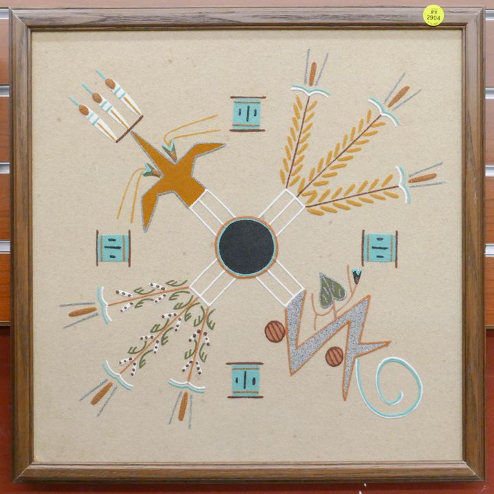 A. Watchman '4 Way Plant' Navajo Sand Painting Framed- 17x17''