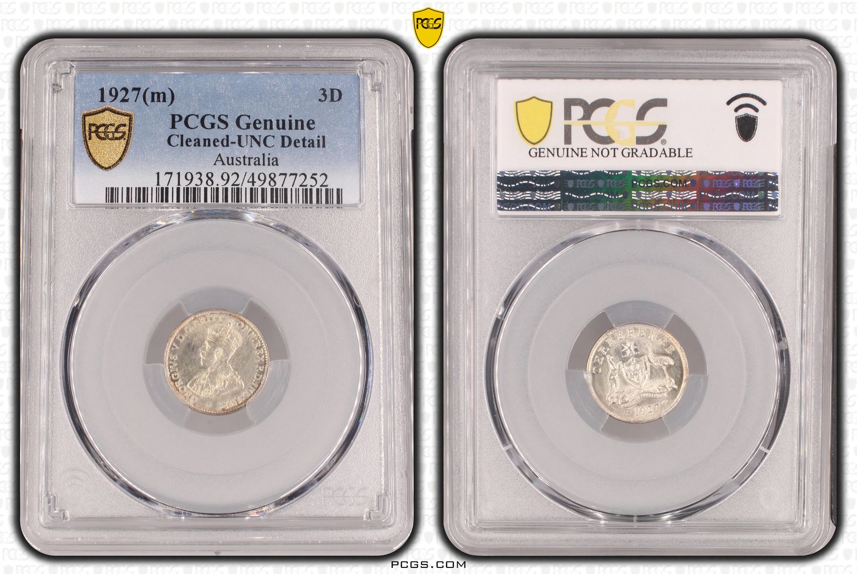 George V, Threepence, 1927(m), PCGS Genuine - UNC Details (92 - Cleaned)